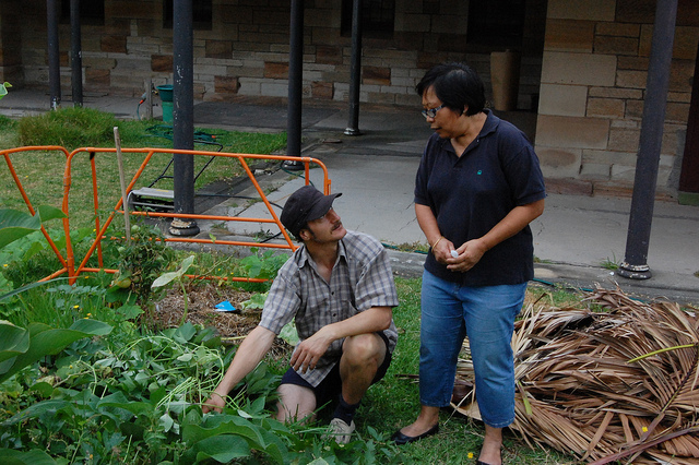 Diego and Betty discussing sweet potatoes at TENDING.